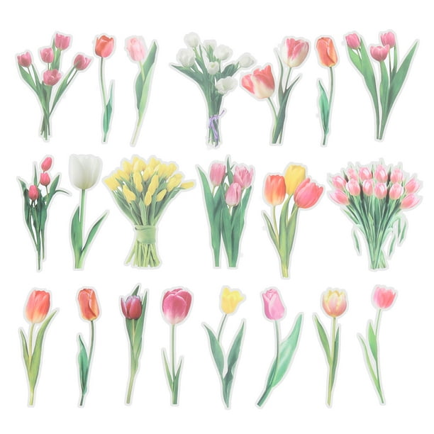 Calcomanías de flores de tulipán de vinilo transparentes, calcomanías de flores claras de PET, 40 hojas rosas
