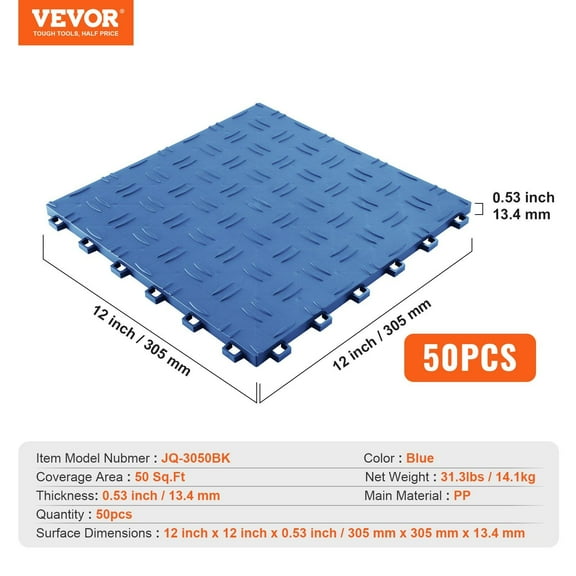50-Pack Interlocking Garage Floor Tiles, 12x12x0.53 Inch, Non-Slip Double-Sided Texture, Heavy-Duty PVC Garage Flooring Mats for Garages, Basements, Workshops – Blue