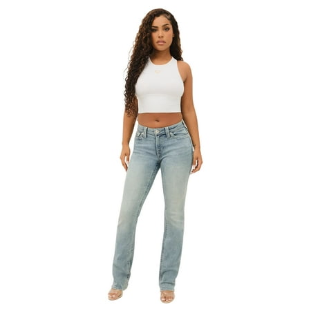 True Religion Women's Billie Mid Rise Straight Stretch Single Needle Stitching Jeans Pant - Peak Spot in Size 28
