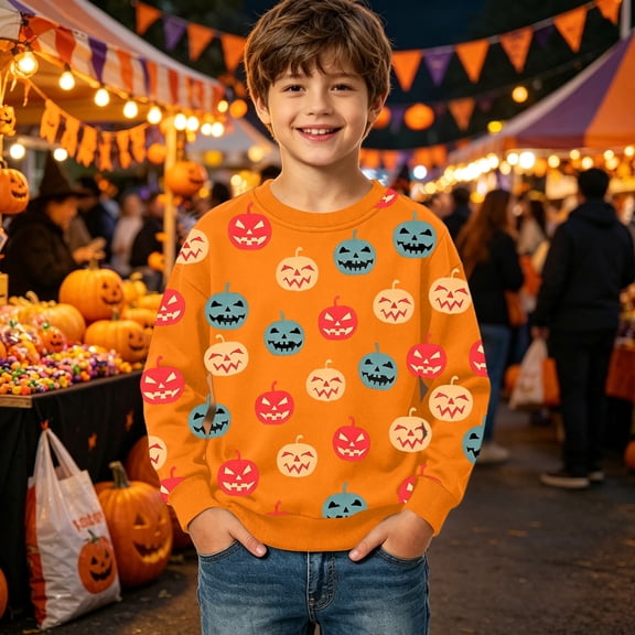 Boys Girls Halloween Sweatshirt All-cut Print Pullover Fall Long Sleeve Crewneck Loose Fit for Casual Wear Orange,9-10 Years