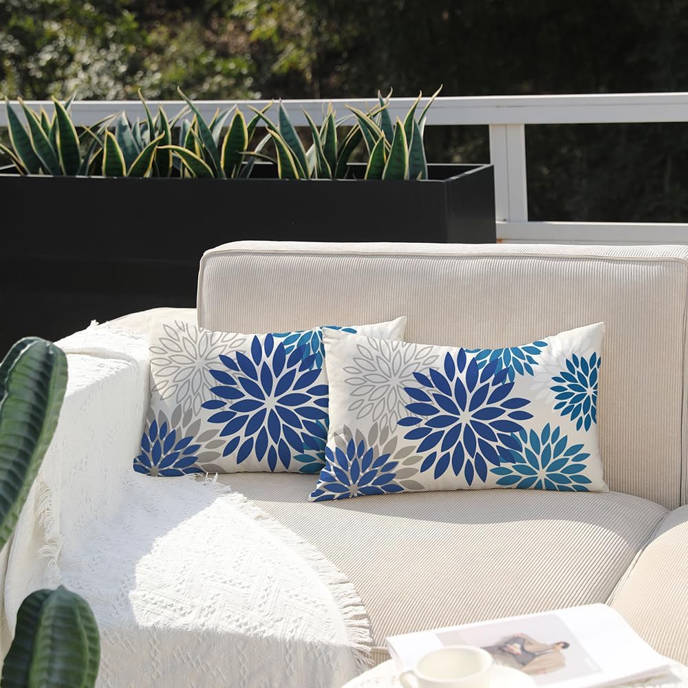 Blue Flower Pillow Covers 12x20 Inch Set of 2 Dark and Light Blue Colored Pillow Outdoor Waterproof Decor for Patio Funiture Garden Summer Floral Square Polyester pillowcovers 002E12