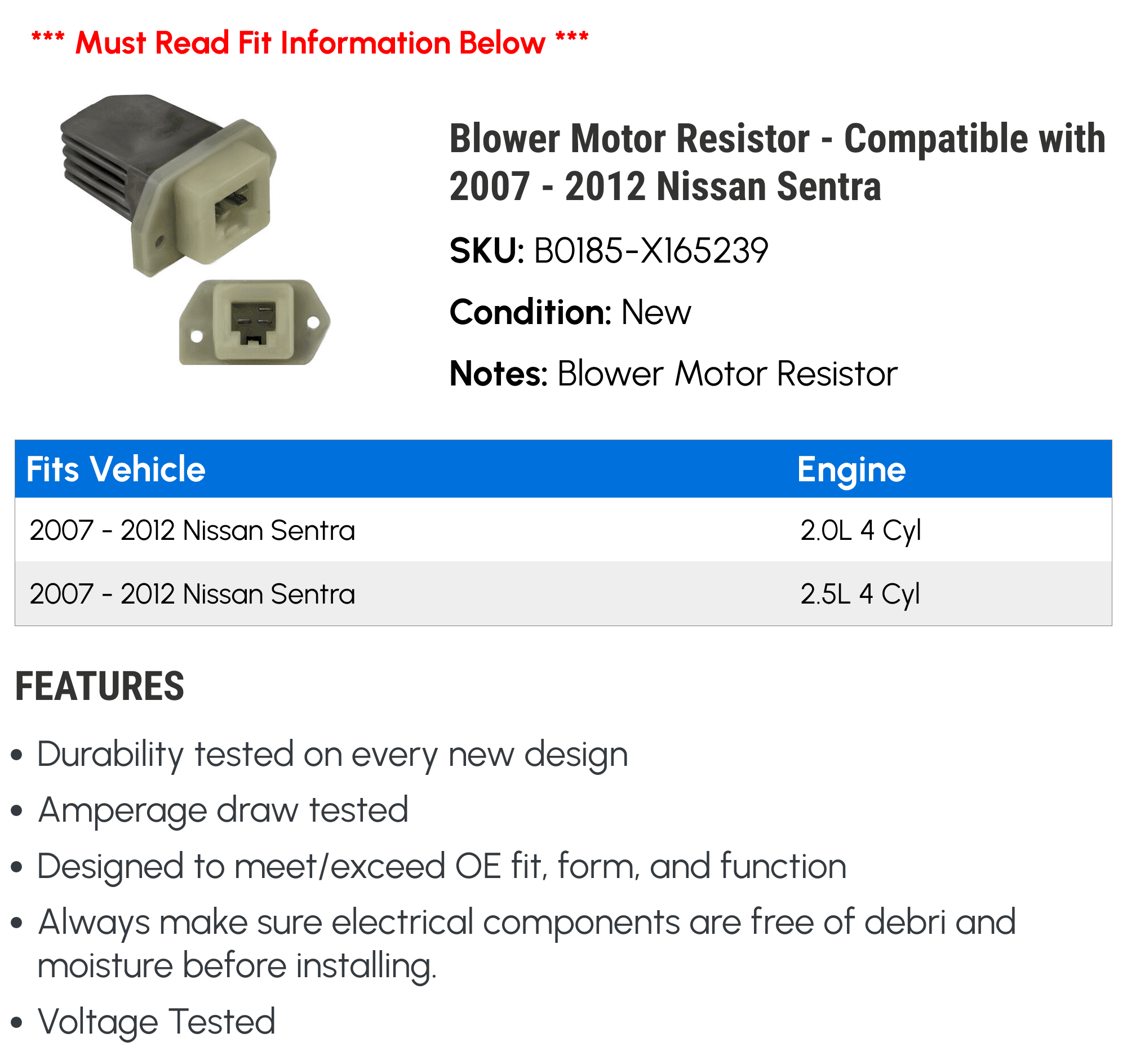 Blower Motor Resistor - Compatible with 2007 - 2012 Nissan Sentra 2008 2009 2010 2011