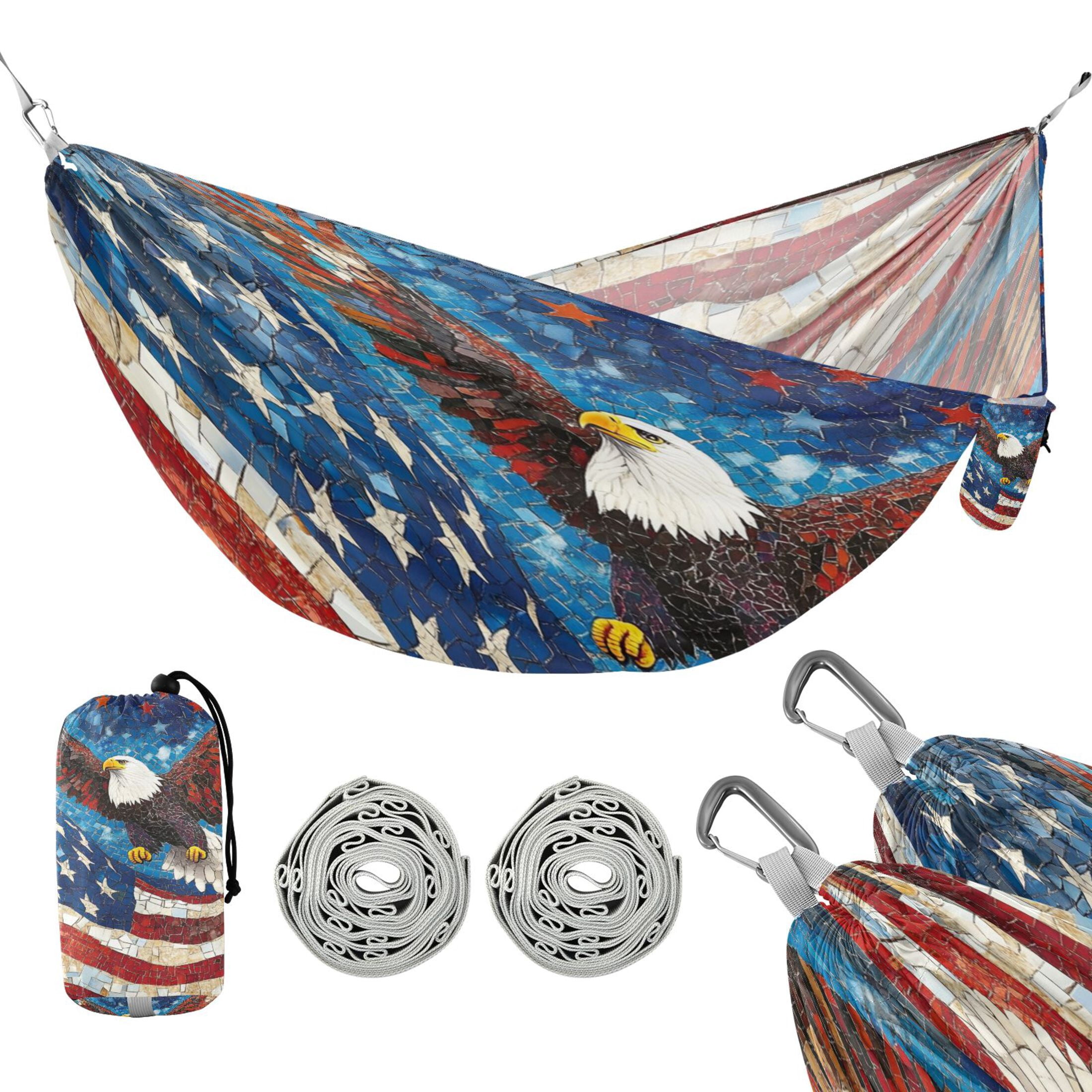 Wobogo American Flag Bald Eagle Camping Hammocks 330 lb Capacity with Tree Straps and Hanging Pockets for Outside Hiking Beach Backpack Travel