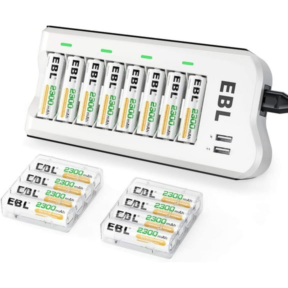 EBL (16 Pack) 2300mAh Ni-MH AA Rechargeable Batteries and AA AAA Battery Charger 808U with 2 USB Charging Ports