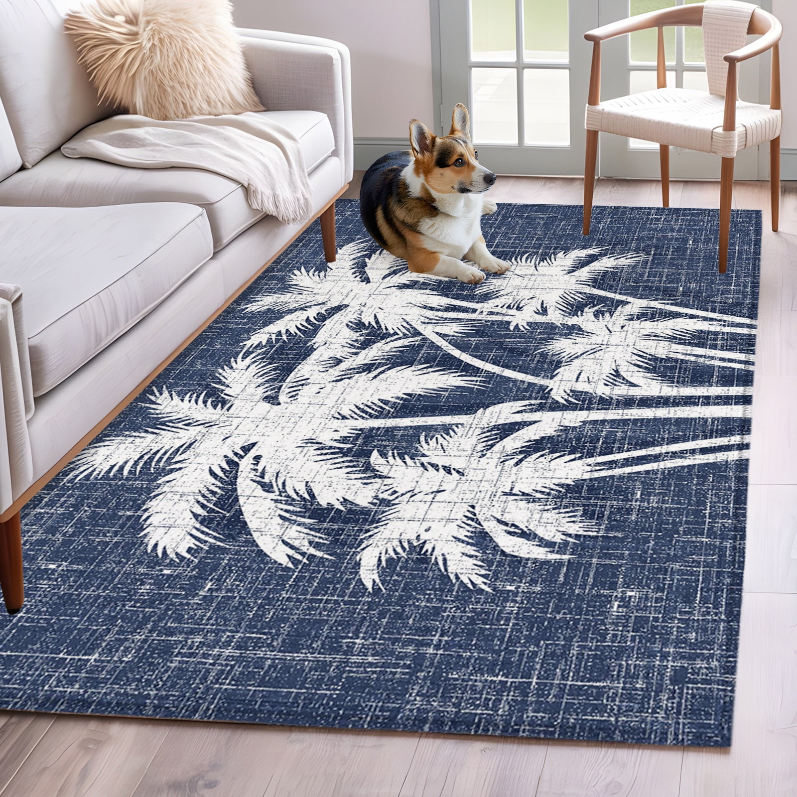 Rectangle Area Rug 4x6ft Navy Blue Palm Tree Non-Shedding Washable Area Rug Summer Trees Tropical Botanical Non Slip Low-Profile Rugs for Living Room Bedroom Dining Room