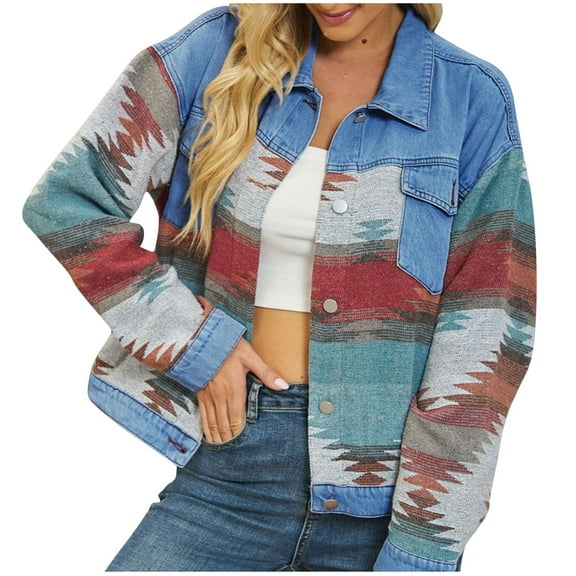 Miqool Women's Western Cowgirl Jean Jacket Boyfriend Washed Button Down Cropped Denim Jacket Long Sleeve Jean Coat with Pockets