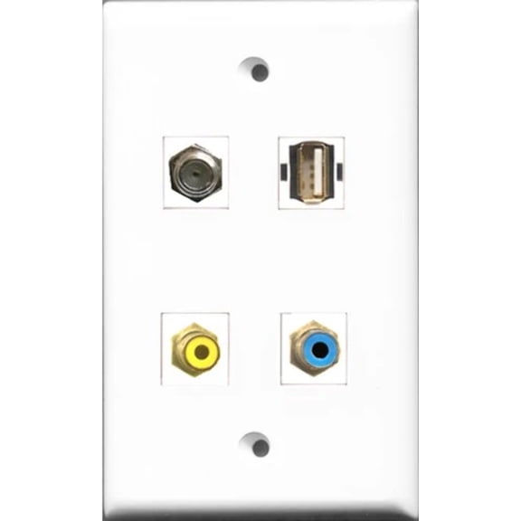 RiteAV 1 Port RCA Yellow and 1 Port RCA Blue and 1 Port Coax Cable TV- F-Type and 1 Port USB A-A Wall Plate