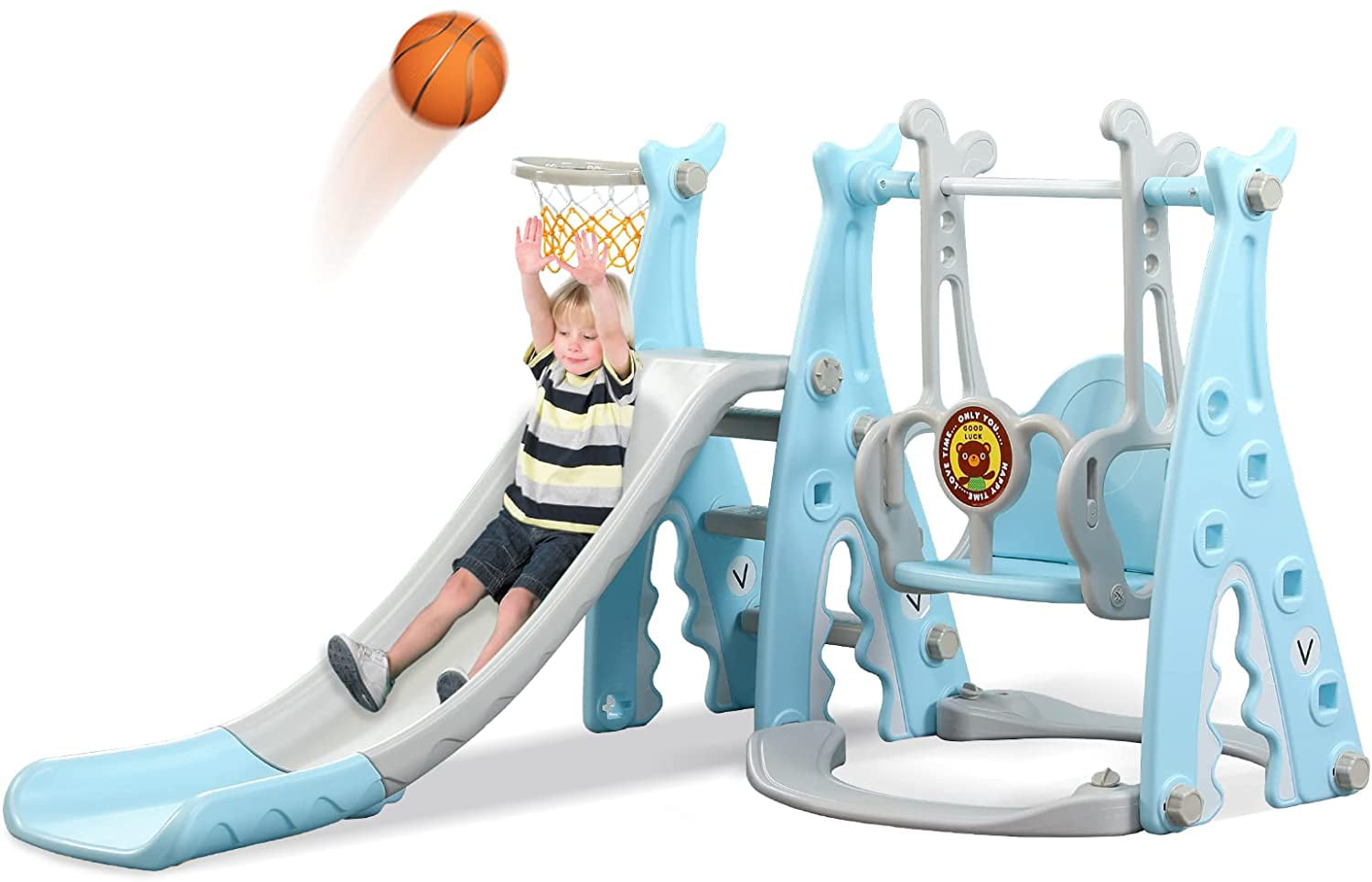 Toddler Climber Slide with Basketball Hoop Playset 4 in 1 Kids Freestanding Slide Swing Set Baby Fun Slide Swing Set for Indoor Outdoor Backyard Extra Long Slide,Easy Set Up 