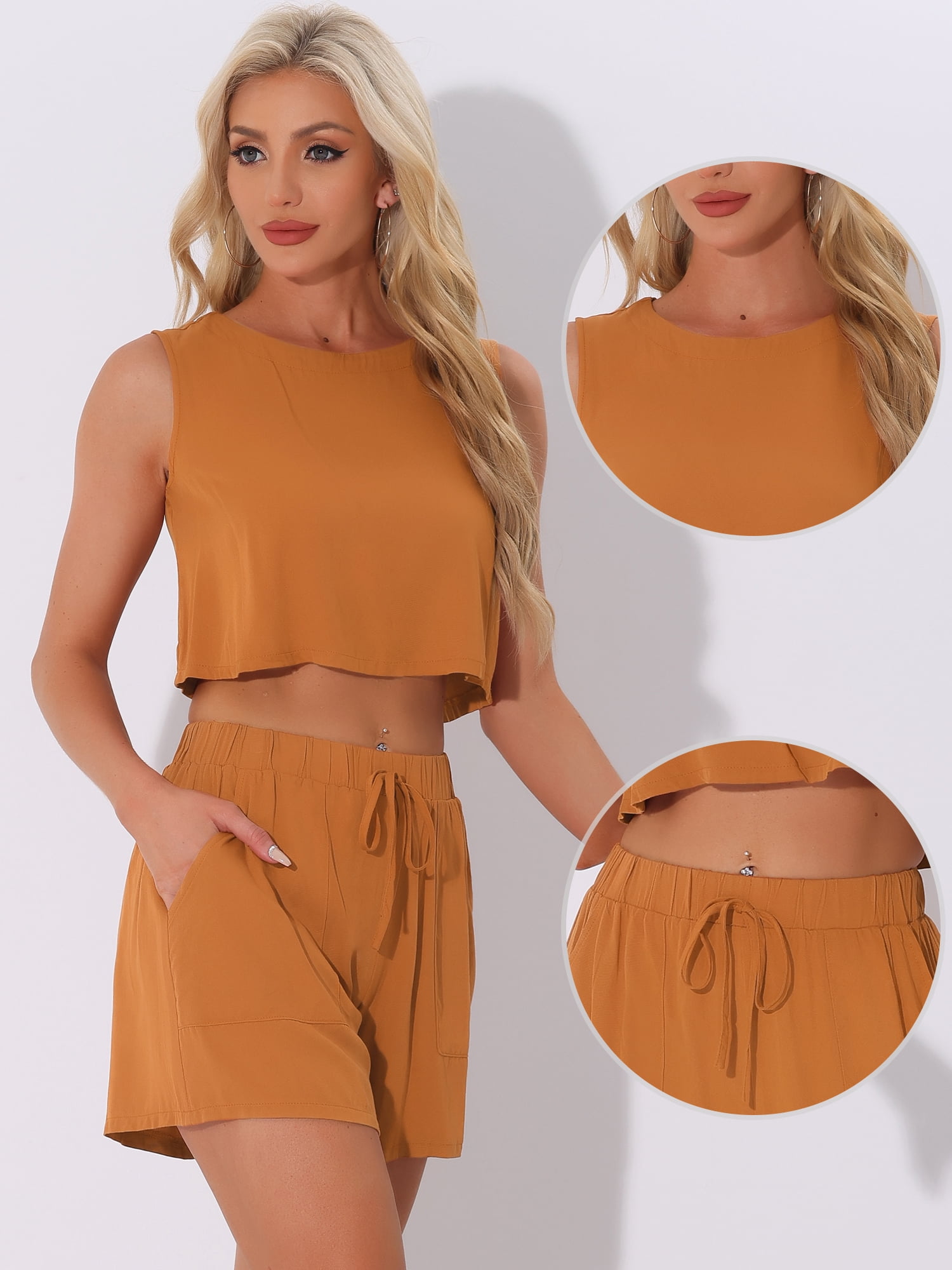 DARING DIVA Women's 2 Pcs Outfits Summer Top and Casual Shorts Sets M Caramel