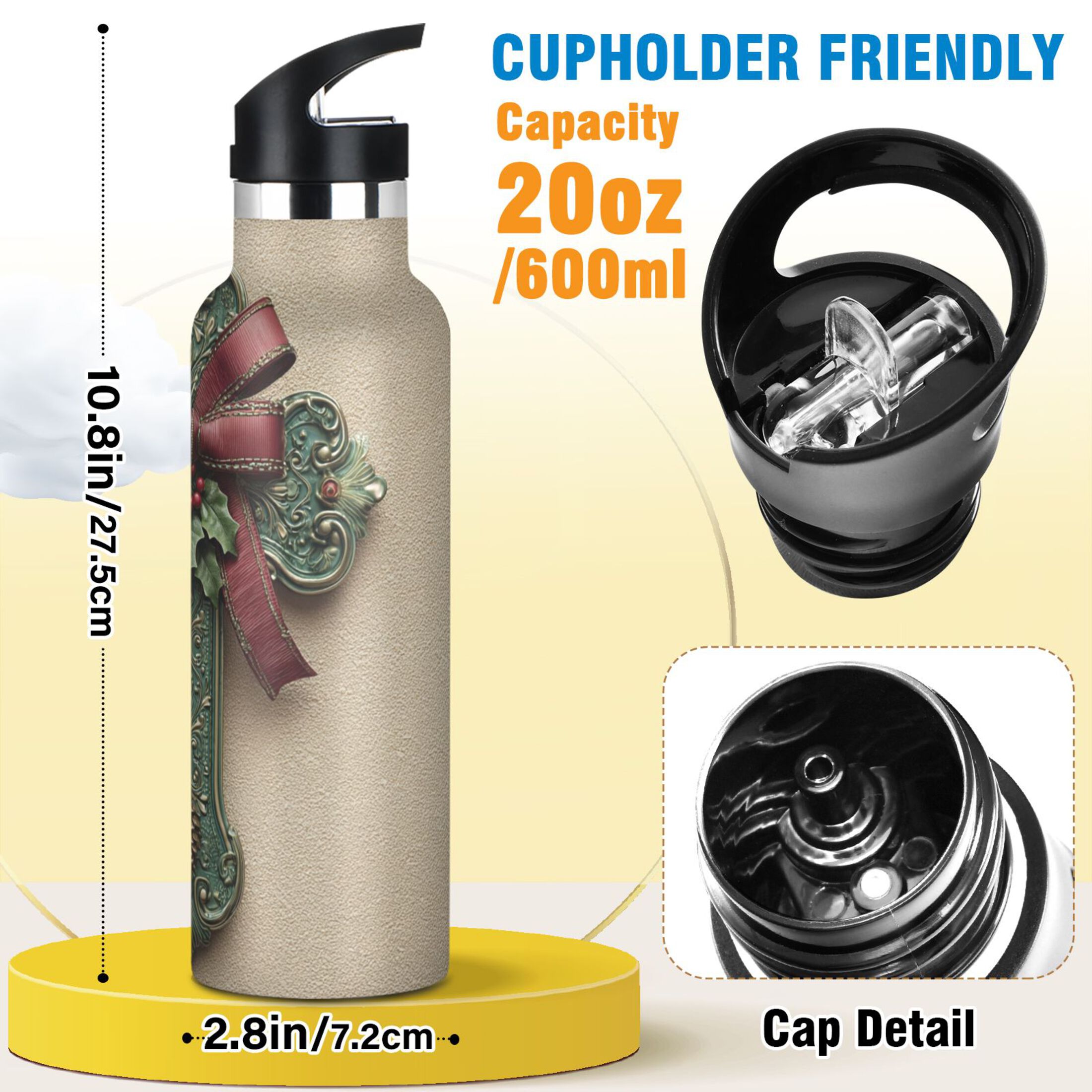 600ML Stainless Steel Insulated Cup Sports Water Bottle Portable Thermos Cup Water Glasses Insulated Tumblers Convenient and Durable Green Christmas Cross