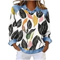 thumbnail image 2 of Long Sleeve Crewneck Pullover for Women Faux Denim Collar Leaf Print Sweatshirt Loose Fit Casual Graphic Top Soft Breathable Daily Wear Clothes, 2 of 5