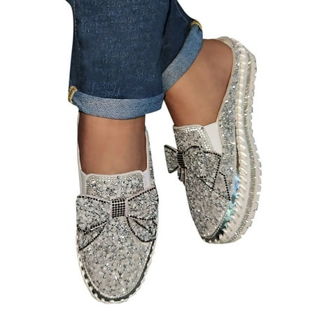 

Oyedens Platform Glitter Mules for Women Sequin Sliver Walking Flats Loafers Bowknot Party Shoes