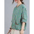 thumbnail image 2 of Blusa suelta para mujer Estampado a cuadros Tejido con cuello en v Bolsillos de manga larga MABOTO Verde, 2 of 7