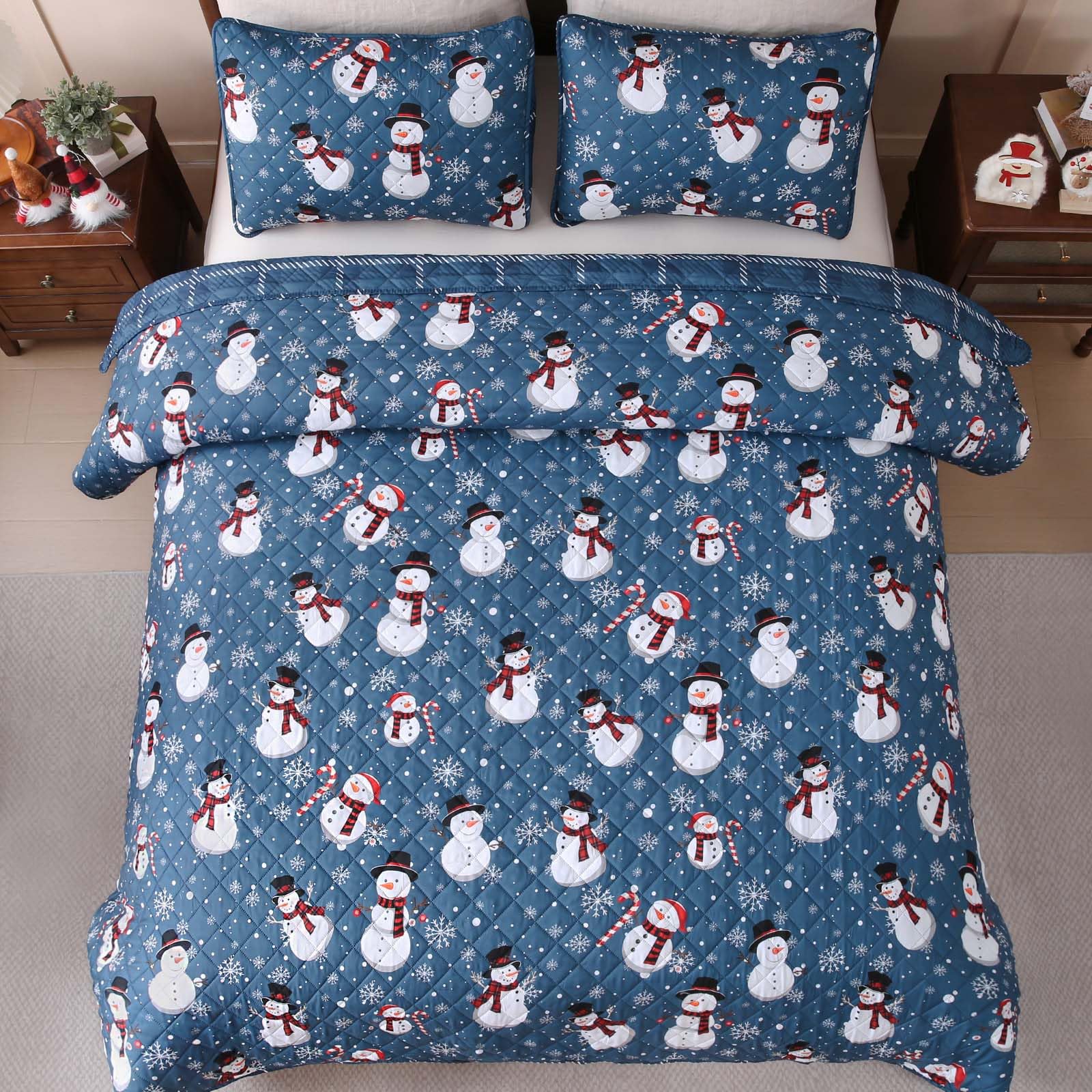 BLEUM CADE Christmas Quilts Sets Queen Size,3 Pieces Christmas Snowman Quilt Bedding Set, Reversible Blue Buffalo Plaid Comforter Sets, Christmas Tree Soft Lightweight Xmas Bedspread Coverlet,90"x90"