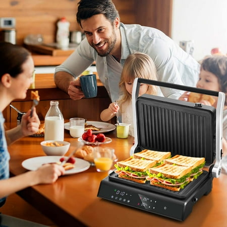 Costway - Electric Panini Press Grill Sandwich Maker with LED Display & Removable Drip Tray - Black