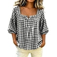 thumbnail image 5 of Women's Loose Fit French Collar Plaid Long Sleeve Shirts Blouse Comfy Breathable Cute Trendy Outfits Casual Daily Wear Summer Vacation | CSEONE,Black L, 5 of 6