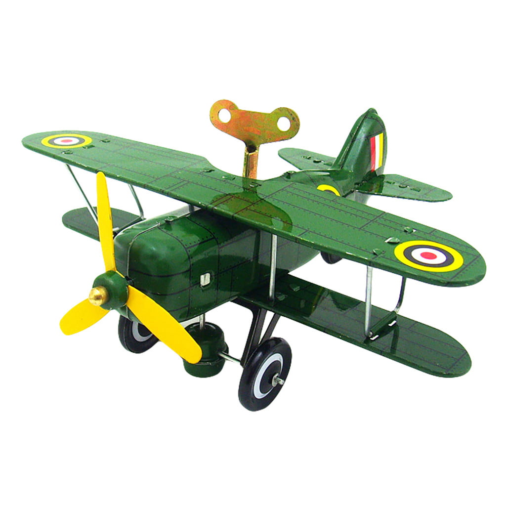 MS454 Green Curtiss Vintage Biplane Retro Clockwork Wind Up Tin Toy w/Box 