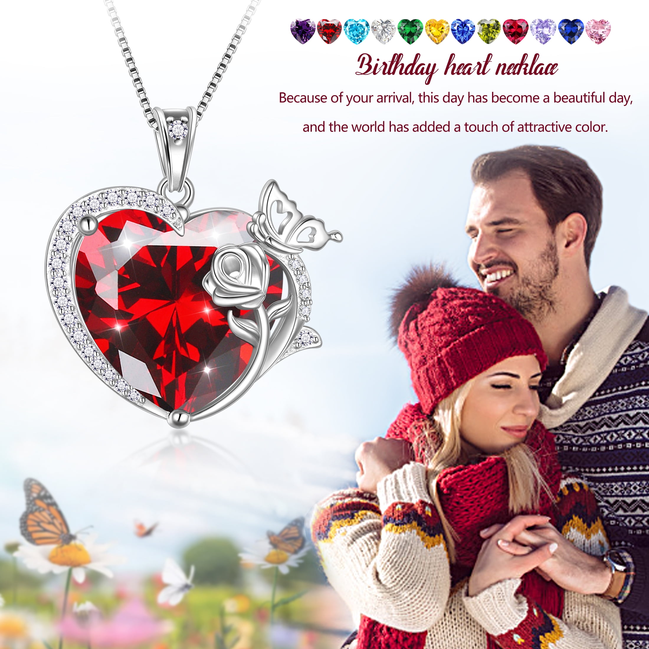 Juwaliy Women Heart Necklace Butterfly Rose Flower Pendant October Birthstone Tourmaline Pink Jewelry 925 Sterling Silver Mother Wife Girlfriend Valentines Gift