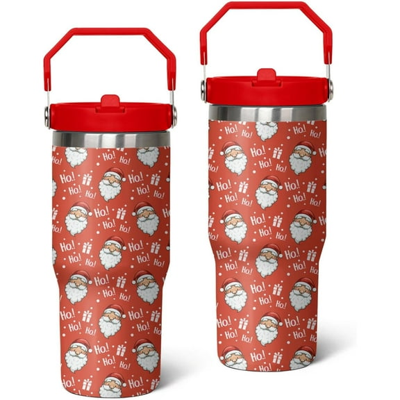 Christmas Red Gifts for Women Men, 30 Oz Tumbler with Top Handle and Flip Straw, Xmas Santa Claus Stainless Steel Insulated Travel Coffee Cup, Winter Holiday Water Bottle for Him Her