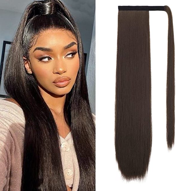 Extension de Queue de Cheval à Clipser pour Cheveux Raides pour Femmes (28, Brun Chocolat Foncé)
