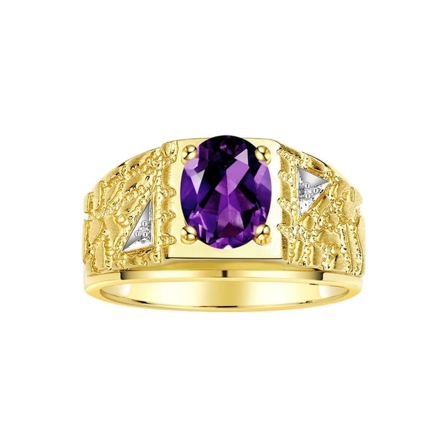 RYLOS Men's Rings 14K Yellow Gold Designer Nugget Ring Oval 9X7MM Gemstone & Diamonds Amethyst February Birthstone Rings For Man Size 9