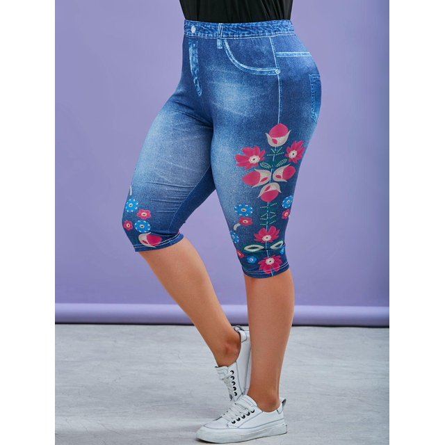 Talla grande 3D Denim Imprimir Floral Capri Jeggings Rosegal Leggings de talla grande