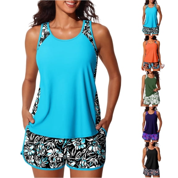 JoveMarine Women's Two Piece Sport Swimsuit Tankini Set with Swim Shorts Printed Athletic Beach Bathing Suit Bathing Suit For Womens Swimsuits Army Green L