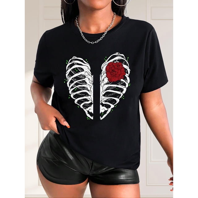 Skeleton And Rose Print Casual Sports Tee, Fashionable Short Sleeves Workout T-shirt Top, Women's Activewear