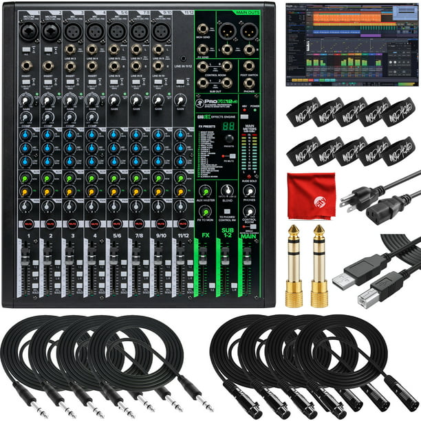 Mackie ProFX12v3 12-Channel Unpowered Mixer USB Bundle with Waveform OEM  DAW, 4x Mophead 10-Foot TRS Cable, 4x 10-Foot XLR Cable, 2x 1/4