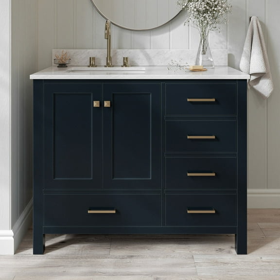 Ariel Cambridge 43 In. Left Offset Rectangle Single Sink Vanity With Carrara White Marble 0.75 In Countertop In Midnight Blue