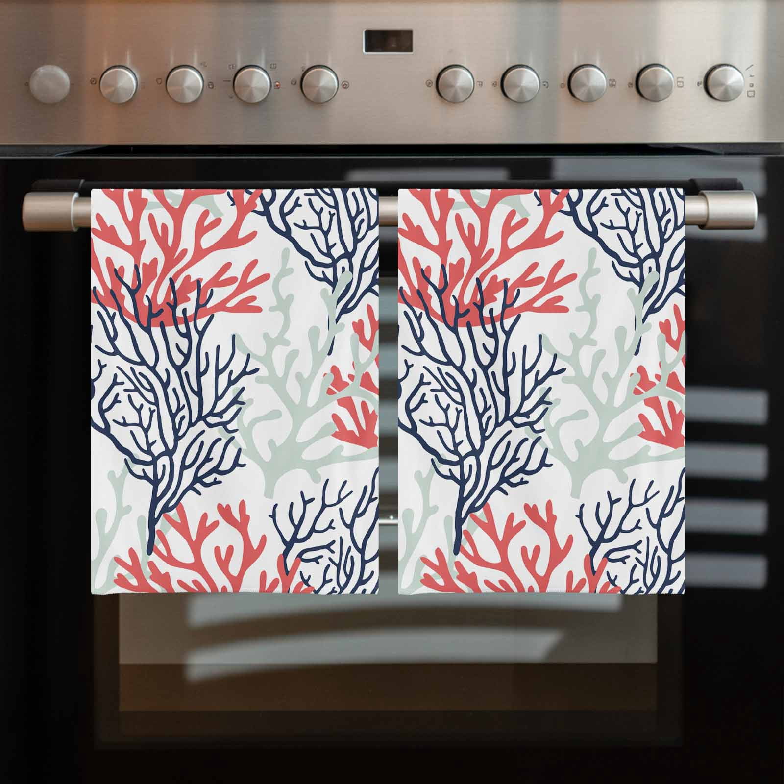 Red Navy Blue Coral Coastal Kitchen Towels Set of 3, Water Absorbent Dish Towel, Summer Beach Seaside Nautical Decorative Hand Towels - Quick Drying Cloth for Cooking Baking, 18x28 Inch