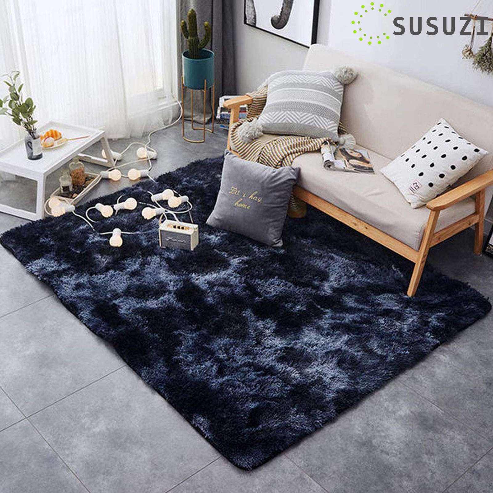 SUSUZI 5' x 7' Shaggy Area Rug, 2 Inch Thick Fluffy Plush Carpet with Non-Slip PVC Back, Dark Blue Modern Soft Rug for Bedroom Living Room Kids Room