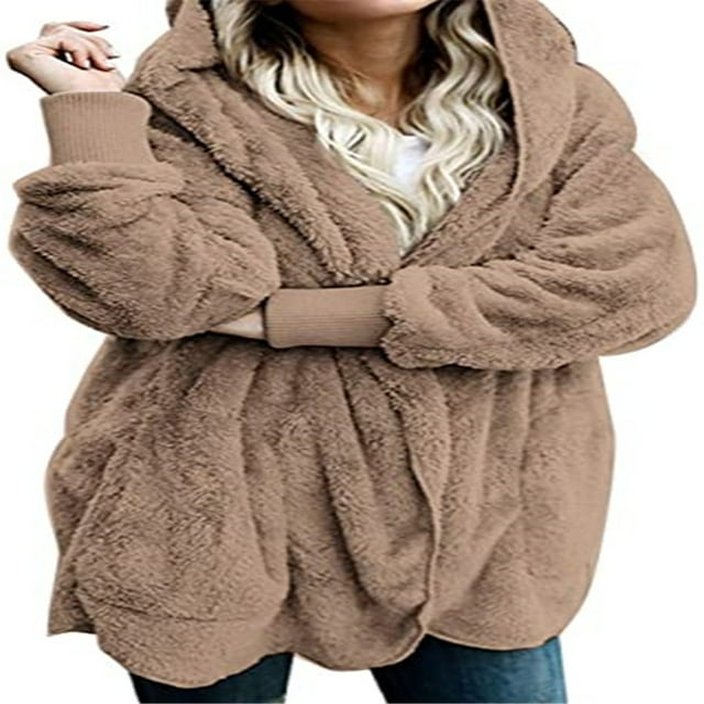Women Hooded Cardigan Fuzzy Jacket Winter Open Front Fleece Coat Outwear with Pockets,Brown,S