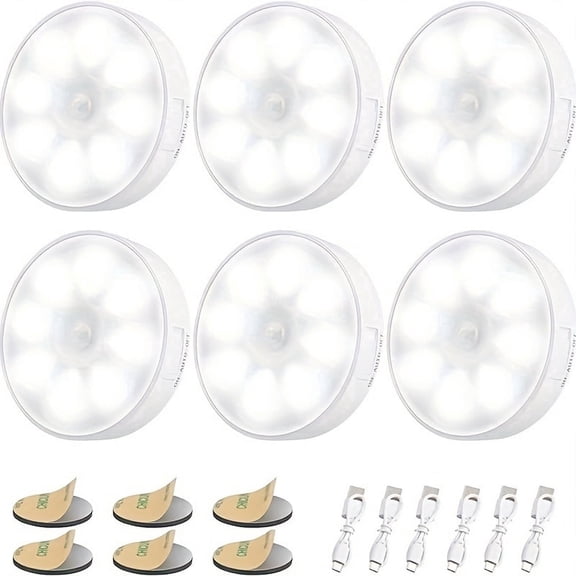 Entchin Rechargeable Motion Sensor Night Light, 6-Pack Magnetic Stick-On LED Puck Lights with Auto ON/OFF, 3 Modes, USB Charging for Closet, Stairs, Bedroom, Hallway, Cabinet