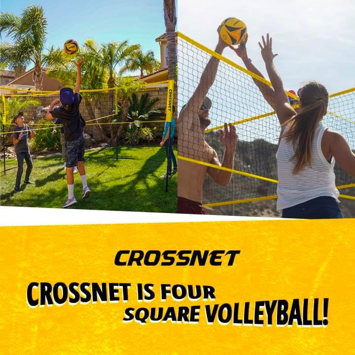 CROSSNET Quick Assemble 4 Square Volleyball Game Set for Adults and Kids with Volleyball Net, Backpack and Ball for Outdoor Games