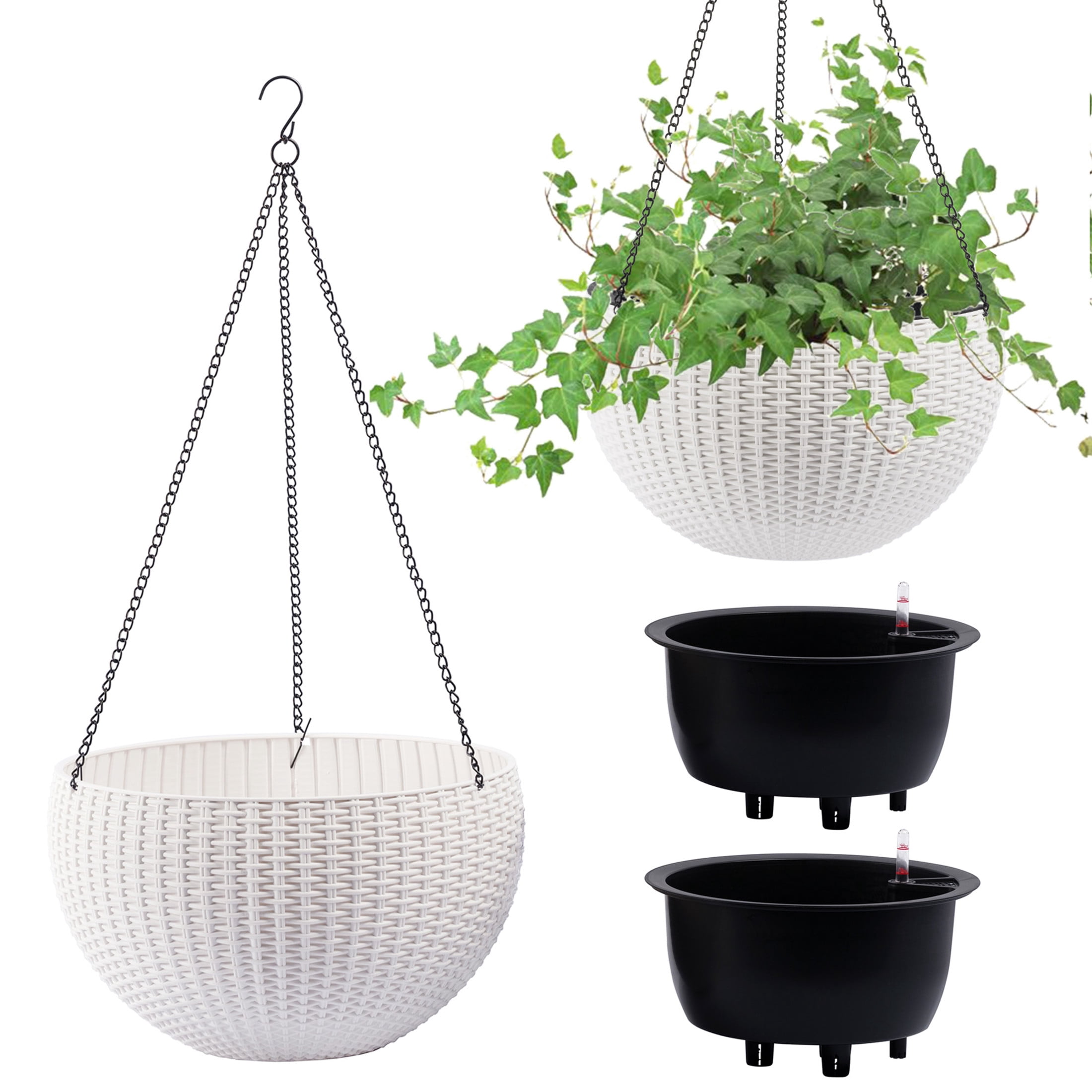 Noble House 2 Pack 13.4" Self-Watering Hanging Planters, Rattan-Style Flower Pots, White