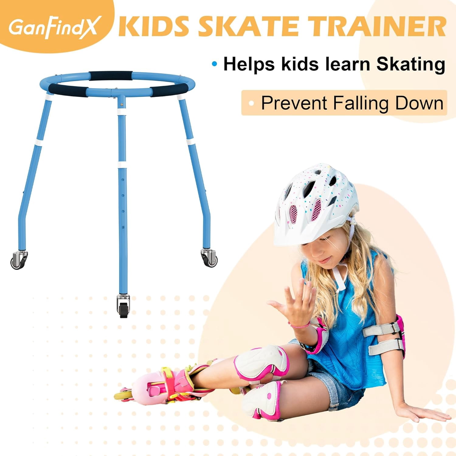 GanFindX Adjustable Skater Aid for Kids, Toddler Roller Skate Trainer with 3 Silent Wheels, Metal Frame, Height 70-85cm, Outdoor Skating Walker,Blue
