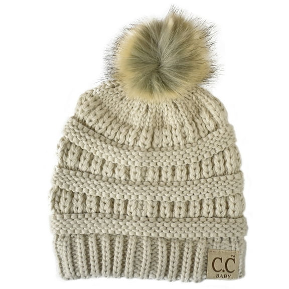 C.C Kids' Babies' Soft Stretch Cable Knit Faux Fur Pom Pom Beanie Hat, Beige