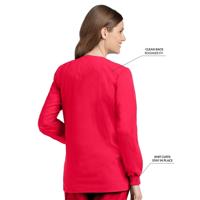 Landau Veste de Blouse Médicale pour Femmes à 4 Poches : Coupe Classique Décontractée, Col Rond, Boutons Pression devant et Poignets en Tricot 7525