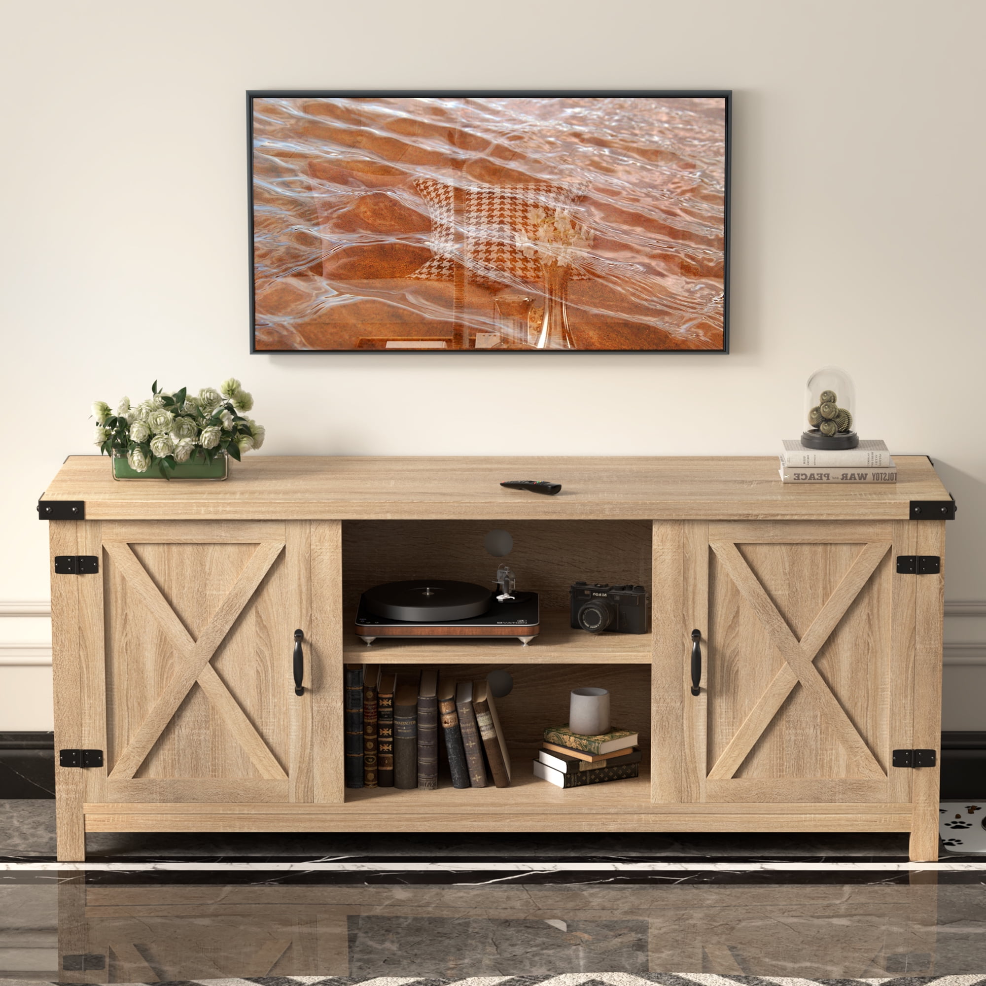 Furmax Barn Door TV Stand Media Console Center Industrial Style for TVs up to 65", Rustic Wood