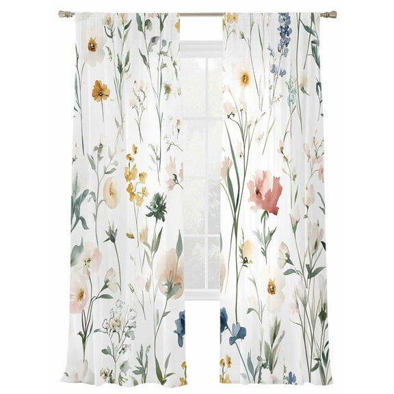 Spring Flowers Sheer Curtains 84 Inch Long 2 Panels, Watercolor Colored Floral Garden Light Filtering Rod Pocket Semi Sheer Curtains, Sheer Voile Drapes for Living Room Bedroom, 52"x84"