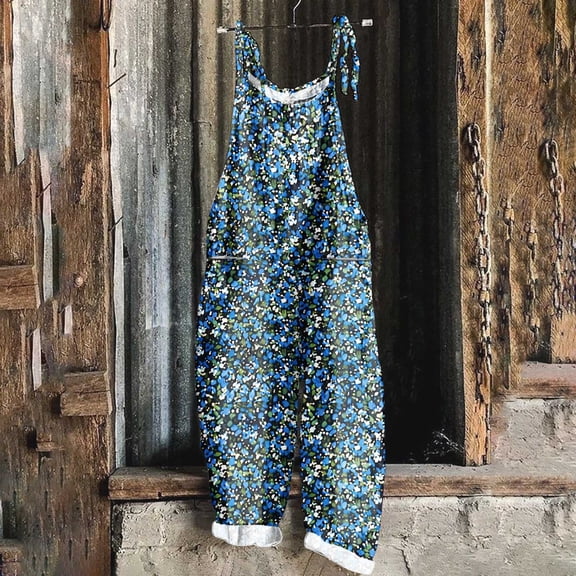 Women's Casual Loose Overalls Jumpsuits One Piece Sleeveless Floral Print Wide Leg Long Pant Rompers With Pockets Blue XXL