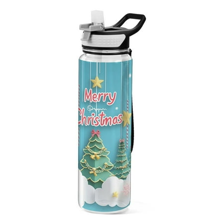 

32oz Transparent Sports Water Bottle with Straw BPA Free Tritan for Kids Adults Outdoor School Gym Fitness Christmas Paper-cut Background