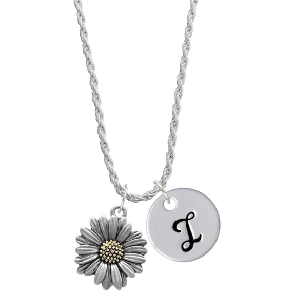 Delight Jewelry Two-tone Large Daisy Flower Silvertone Script Initial Disc - I - Charm Necklace, 20"+3"
