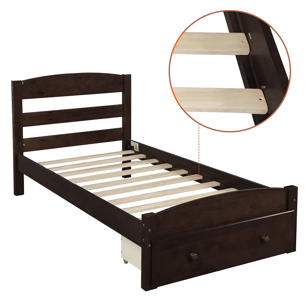 Twin Platform Beds with Storage Drawers, Wood Bed Frame with Slat Support, Espresso Twin Platform Beds with Storage Drawers, Wood Bed Frame with Slat Support, Espresso