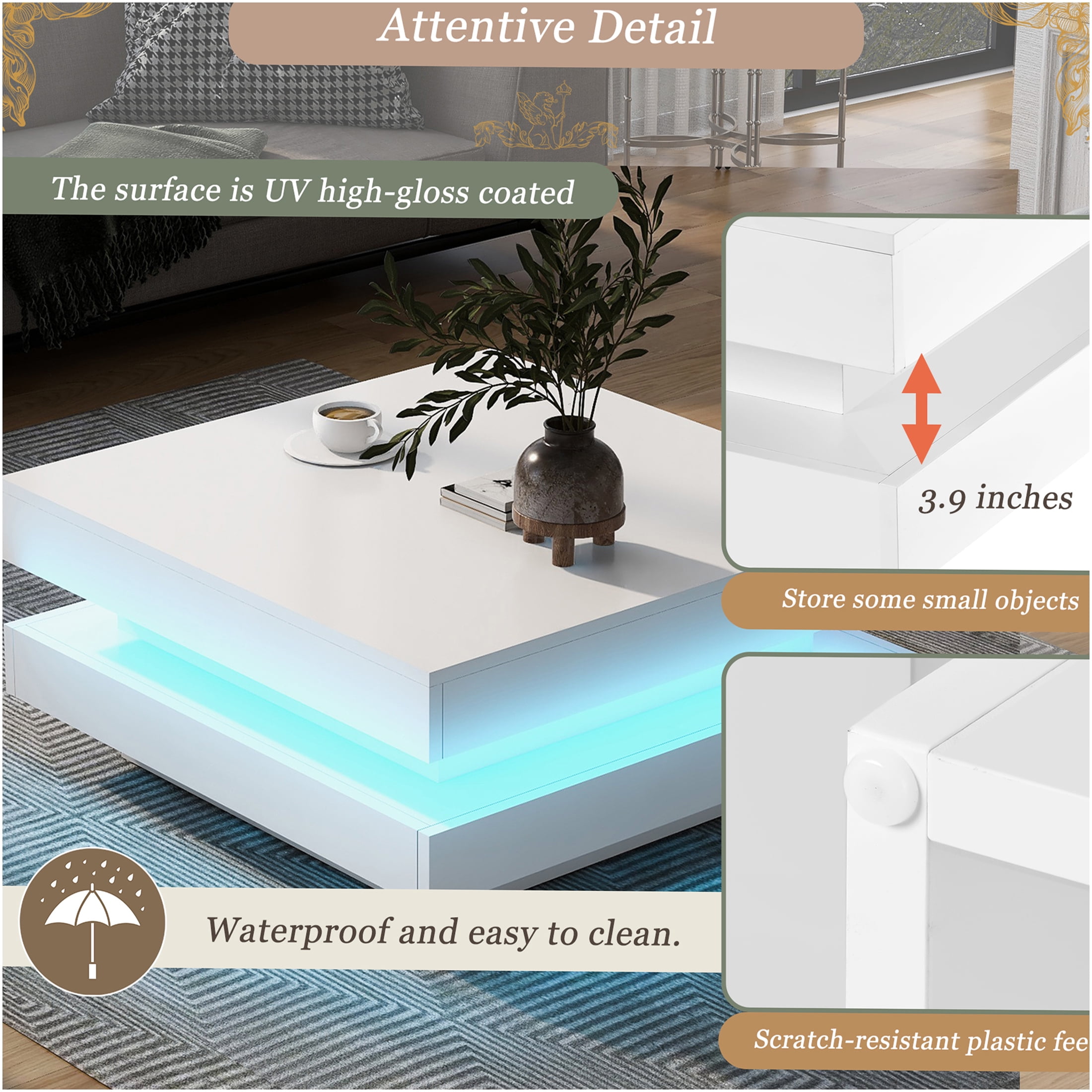 JERFIT 31.5 inch Modern LED Coffee Table with Lights, 2-Tier Square Center Table with High Gloss Waterproof Top, Sturdy Particle Board Design for Living Room, White