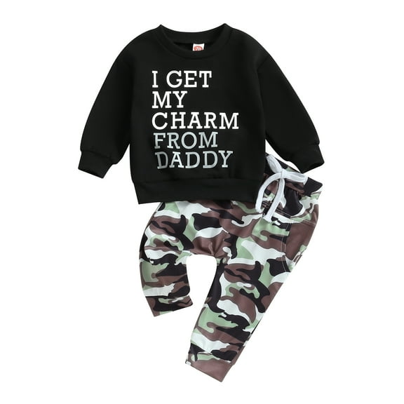 Elippeo Baby Boys Cute Clothes 6M 12M 18M 24M 3Y Letter Print Long Sleeve Sweatshirt and Elastic Camouflage Pants 2 Piece Outfits for Toddler