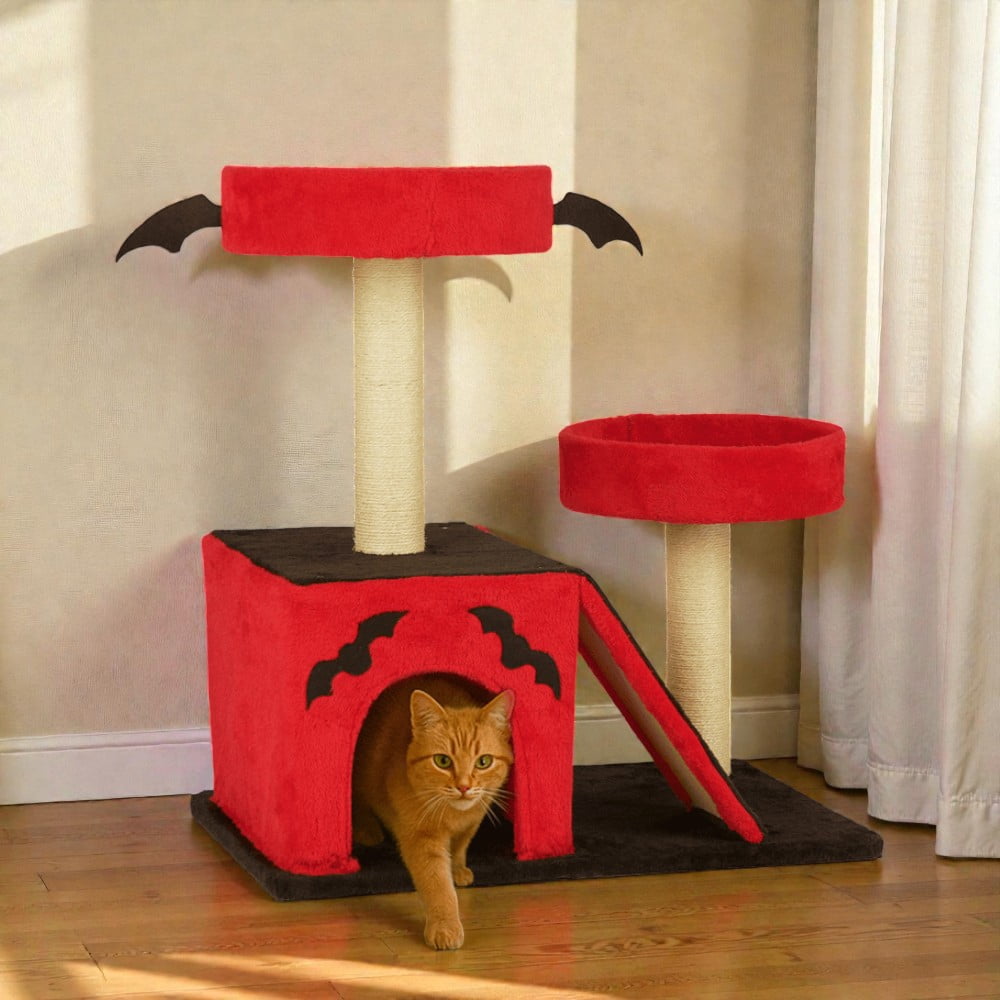Tcbosik Gothic Cat Tree with Cat Condo, Cat House with Scratching Posts, Scratching Ladder and 2 Padded Perches, Cat Activity Center, Red & Black