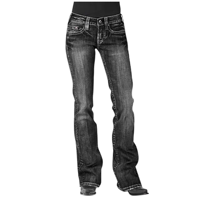 Teissuly Jeans for Women Mid Waisted Embroidery Stretch Button Straight Full Length Pants, Size XS-5XL