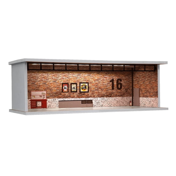 1/64 Diorama American Garage Model, 3 Color LED Lighting Parking Lot Scene Model Display Case, Brightness Adjustable Showroom Model Building